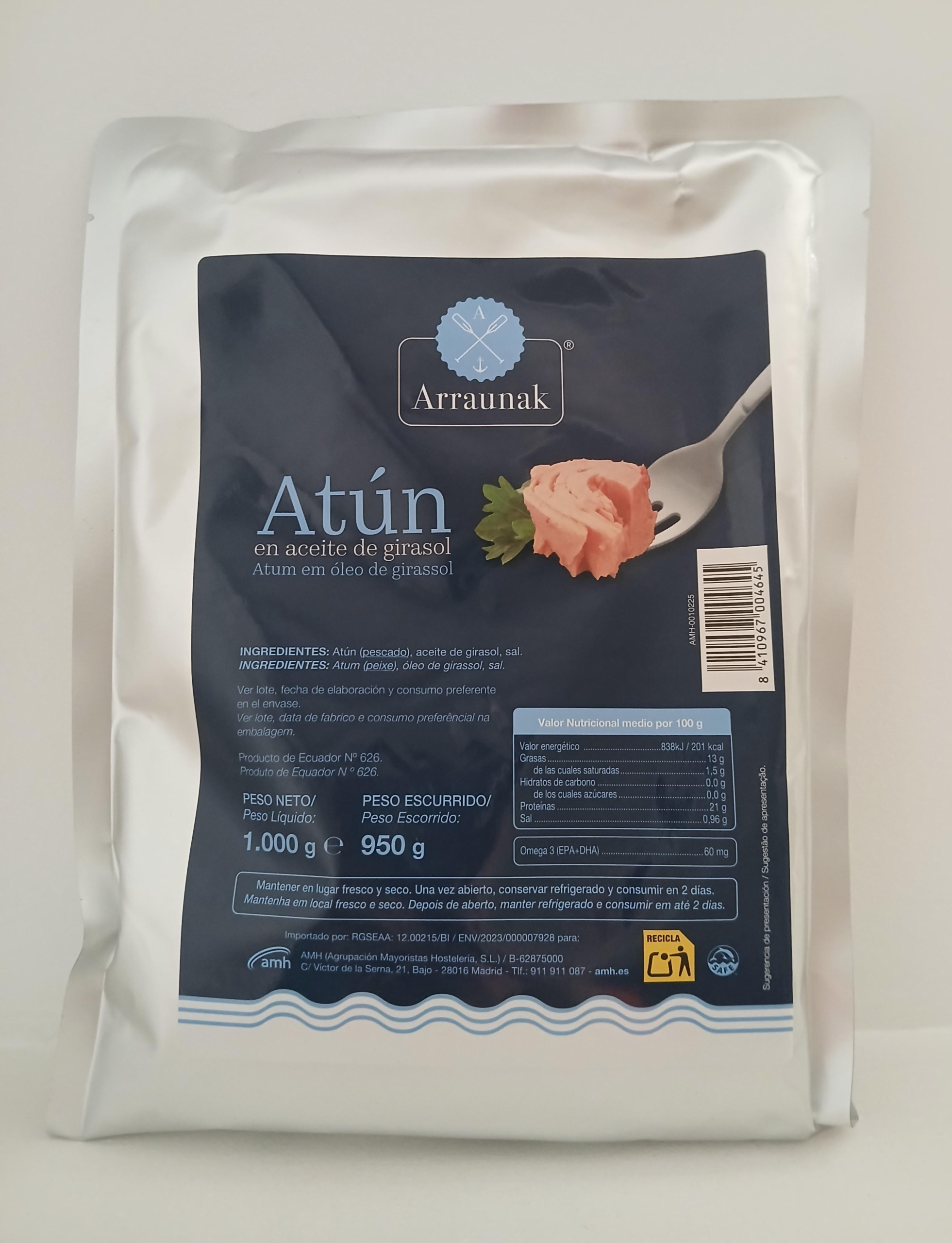 ATÚN CLARO EN ACEITE DE GIRASOL ARRAUNAK POUCH 1000 GR